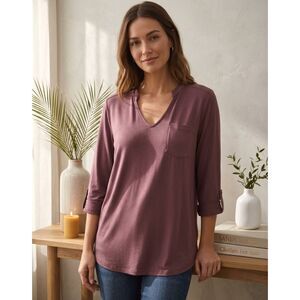 Lisa Rinna Collection Top Womens L Purple V Neck Pleated 3/4 Sleeve